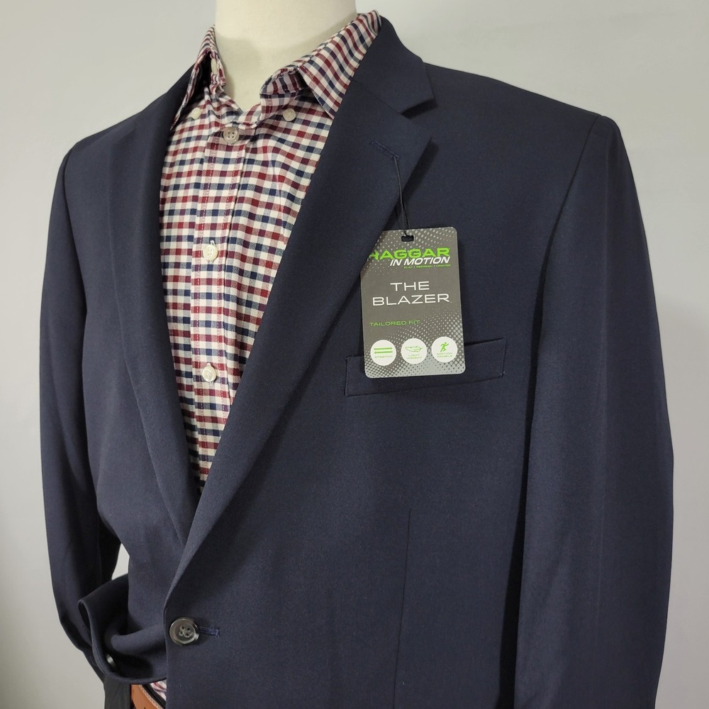 Haggar Men's Sport Coat Blazer Two Button Navy Polyester IN MOTION 48R NEW - Picture 7 of 12
